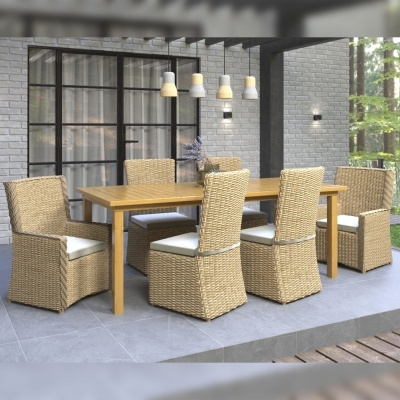 Conjunto de mesa retangular de madeira e seis cadeiras de rattan com almofadas brancas numa varanda