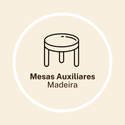 Ícone de mesa auxiliar redonda de madeira com texto 'Mesas Auxiliares Madeira'