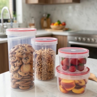 Quatro recipientes plásticos transparentes com tampas vermelhas cheios de bolachas, granola, morangos e pêssegos numa bancada de cozinha.