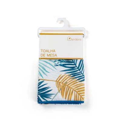 Toalha de mesa com padrão de folhas azul, verde e amarela embalada