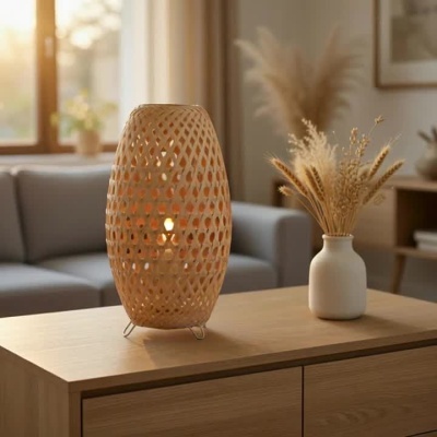 Candeeiro de Mesa em Bambu Natural Estilo Boho