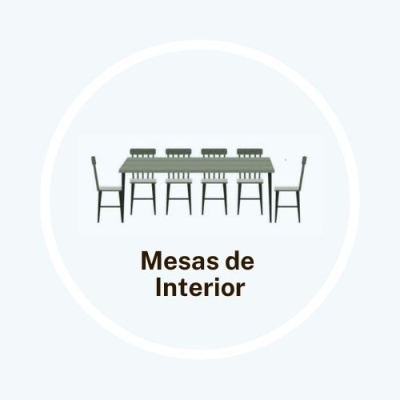 Conjunto mesa e seis cadeiras cinzentas para interior com texto 'Mesas de Interior'