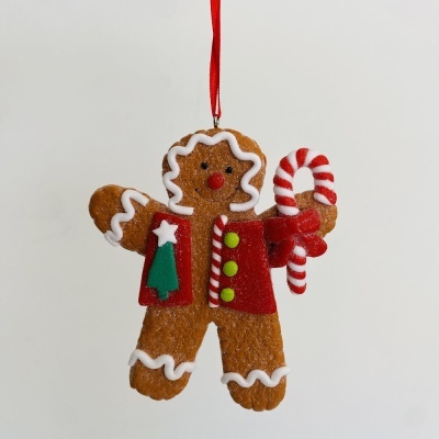 Enfeite natalício boneco de gengibre com casaco vermelho e bastão de doces