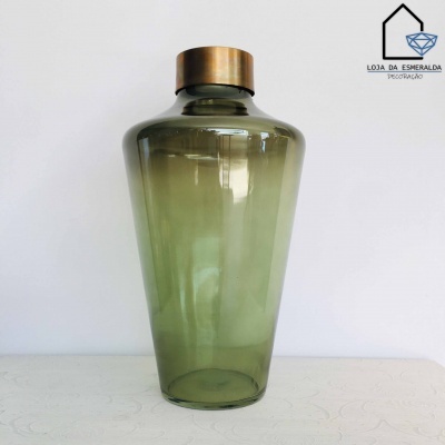 Frasco decorativo em vidro esverdeado com tampa dourada