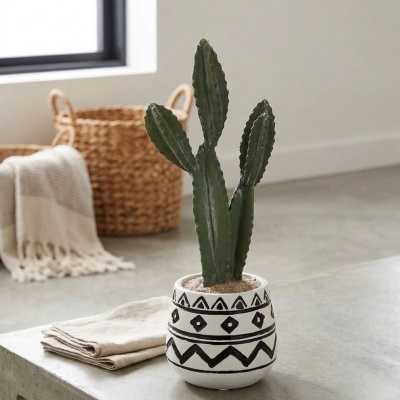 Vaso decorativo com cacto verde e padrões pretos em ambiente minimalista.