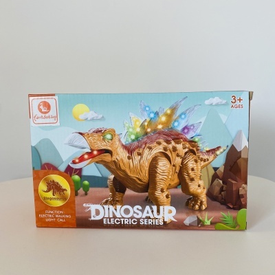 Brinquedo dinossauro tricerátopo elétrico com luzes coloridas e caixa decorativa