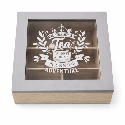 Caixa organizadora de chá em madeira com tampa de vidro e inscrição decorativa