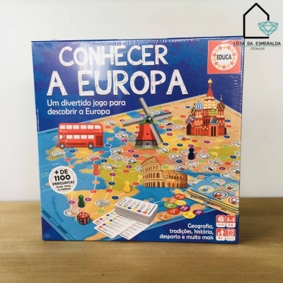Caixa de jogo de tabuleiro Conhecer a Europa com ilustrações coloridas e texto explicativo