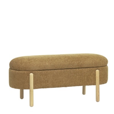 Banco estofado castanho com pernas de madeira clara