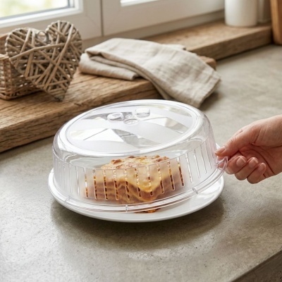 Prato branco com tampa transparente a cobrir uma fatia de torta num balcão cinzento