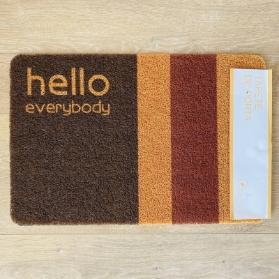 Tapete de porta com texto hello everybody e listras coloridas