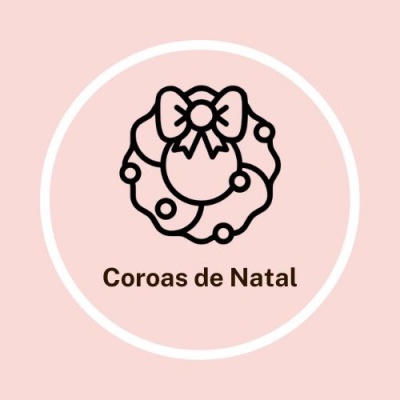 Ícone de coroa de Natal preta com laço e bolas com texto 'Coroas de Natal' em fundo rosa