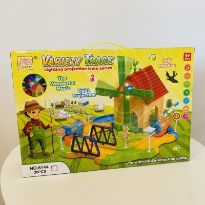 Jogo de comboio VARIETY TRACK com moinho e ponte em caixa amarela