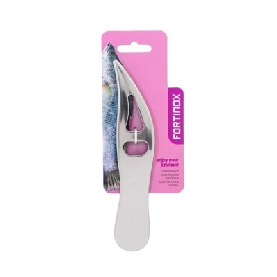 Descascador de peixe metálico prateado em cartolina rosa com peixe e texto