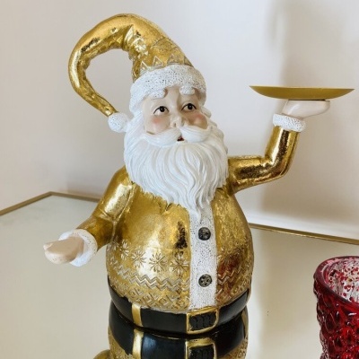 Estatueta decorativa de Pai Natal dourado e branco com prato