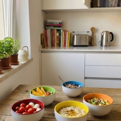 Cinco tigelas coloridas em mesa de cozinha com alimentos