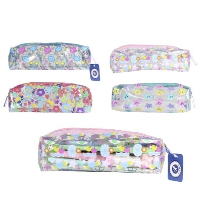 Conjunto de cinco bolsas de maquilhagem transparentes com padrões florais