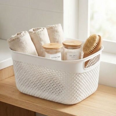 Cesta branca com toalhas, frascos de vidro e escova em superfície de madeira