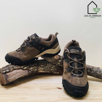 Sapatos casuais castanhos e pretos apoiados em troncos de madeira