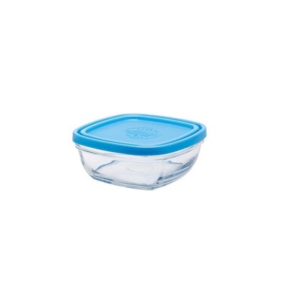 Recipiente quadrado de vidro com tampa azul