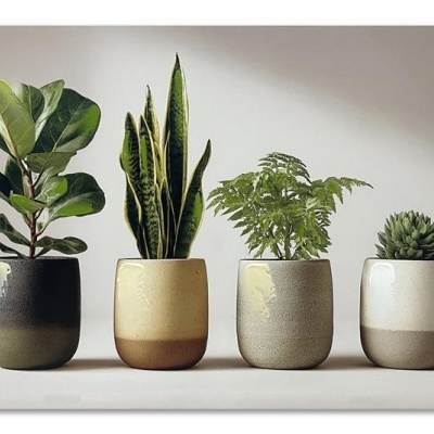 Quatro vasos cerâmicos com plantas verdes sobre superfície branca.