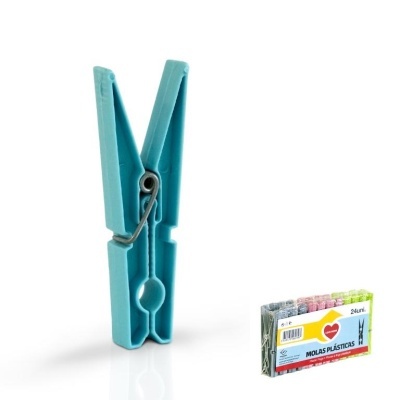 Pregador de roupa azul com mola metálica e embalagem com 24 unidades