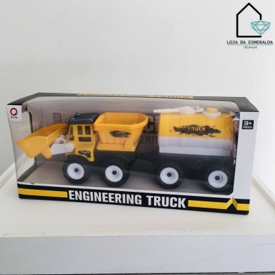 Camião de brinquedo amarelo e preto em embalagem com texto 'ENGINEERING TRUCK'