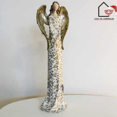 Estátua decorativa de anjo com vestido branco e dourado, asas douradas