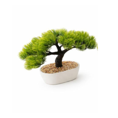 Bonsai artificial com folhas verdes em vaso branco oval