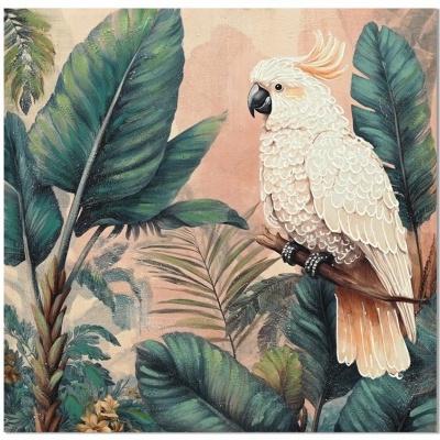 Pintura de papagaio branco em ramo com folhas tropicais verdes ao fundo