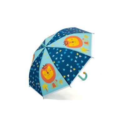 Guarda-chuva infantil azul com estampa de leão amarelo e estrelas