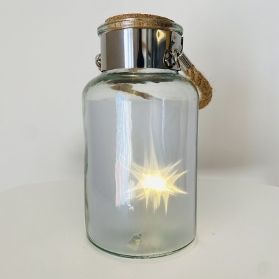 Frasco de vidro transparente com tampa metálica, rolha e alça de corda castanha, com luz LED interior
