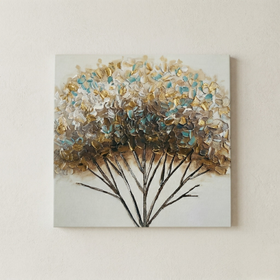 Pintura abstrata com arbusto colorido em tons dourado, azul e castanho sobre fundo neutro.