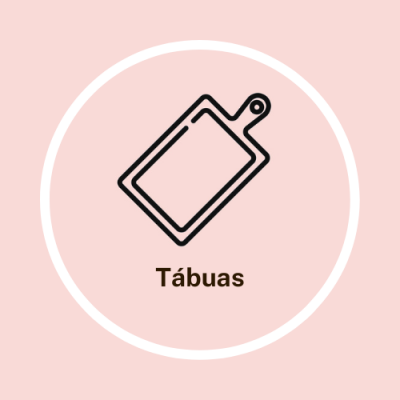 Ícone de tábua de cortar com texto 'Tábuas' em fundo rosa