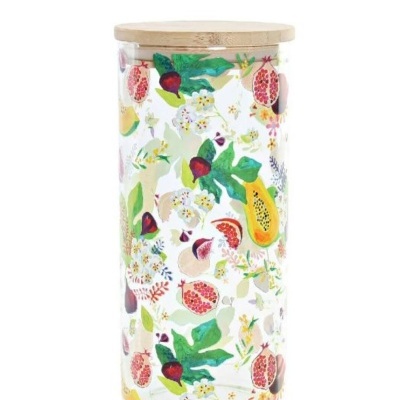 Frasco de vidro decorado com frutas e flores com tampa de madeira