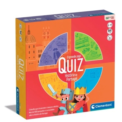 Embalagem do jogo de tabuleiro O grande jogo QUIZ História de Portugal colorida com personagens e ícones culturais