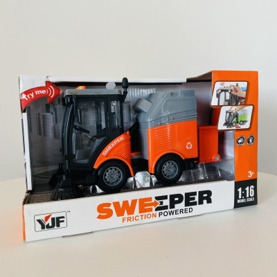 Veículo brinquedo varredora de rua cor laranja e cinza em embalagem