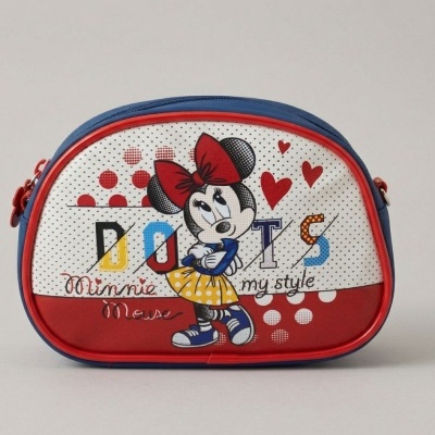 Mala colorida com imagem da Minnie Mouse e texto DOTS Minnie Mouse my style