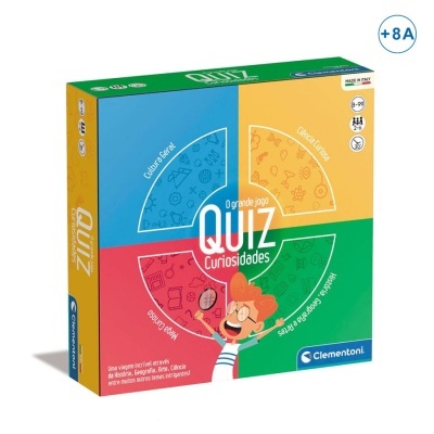 Embalagem do jogo Quiz Curiosidades da Clementoni com cores azul, amarelo, vermelho e verde e ilustração de criança.