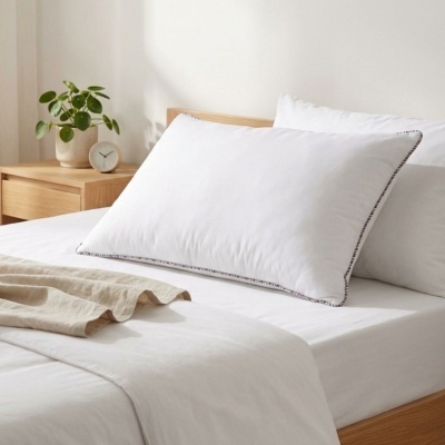 Cama com almofada branca e mesa de cabeceira com planta e relógio