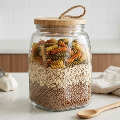 Frasco de vidro com tapa de madeira contendo lentilhas, aveia e massa tricolor numa bancada de cozinha.