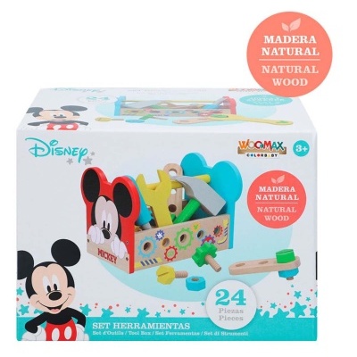 Caixa de ferramentas de madeira natural Disney com figura do Mickey e 24 peças coloridas