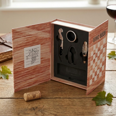Conjunto de acessórios para vinho em caixa formato livro com padrão xadrez e acessórios de aço inox