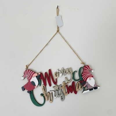 Placa decorativa de Natal com a frase Merry Christmas e duendes coloridos