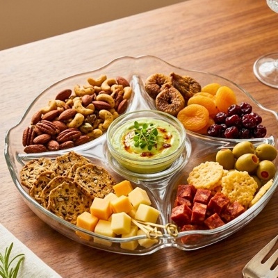 Tabuleiro de vidro com frutos secos, azeitonas, queijos, bolachas e chouriço