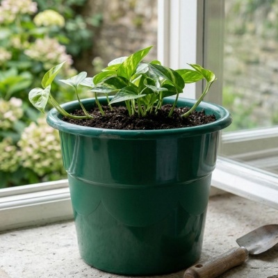 Vaso verde com planta verde ao lado de janela em peitoril de pedra com pá de jardinagem