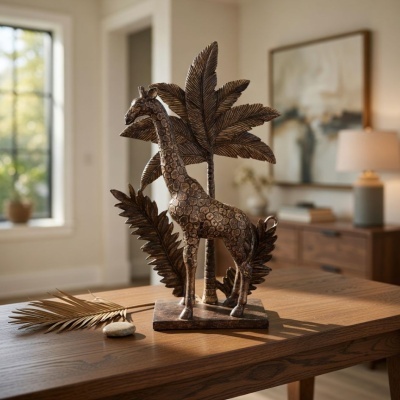 Estátua de girafa em metal bronze sobre mesa de madeira