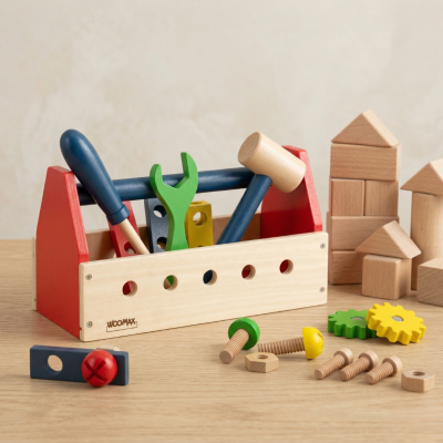 Caixa de ferramentas de brinquedo de madeira colorida com ferramentas e blocos de construção de madeira.