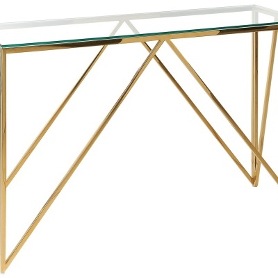 Mesa com tampo de vidro e estrutura metálica dourada