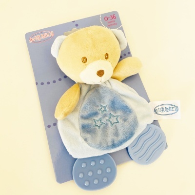 Brinquedo de urso para bebé em peluche amarelo e azul com peças de silicone para morder
